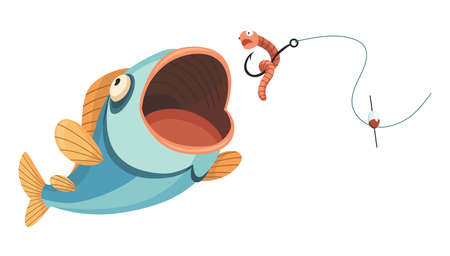 Fish catch. Cartoon fish catching the fishing lure. Jumping to catch a bait. Sports hobby. Fishing or hunting on worm vector illustrationのイラスト素材