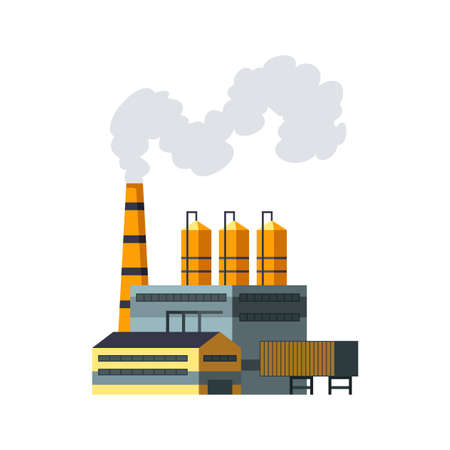 Factory industrial. Manufactory industrial building refinery factory or nuclear power station. Complex of chemical plant buildings isolated on white backgroundのイラスト素材