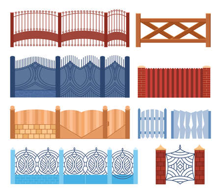 Gate fence set in different design wooden, metal, stone barriers. Illustration of decorative barrier. Outdoor protective architecture elementsのイラスト素材