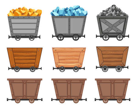 Collection of metal and wooden mine carts loaded with gold, crystals and stones or coal. Cartoon mine trolleys. Vector design illustration isolated on white backgroundのイラスト素材