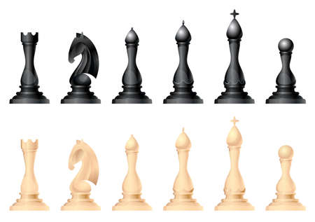 Chess figures vector set. King, queen, bishop, knight or horse, rook and pawn - standard chess pieces. Strategic board game for Intellectual leisure. Black and white itemsのイラスト素材