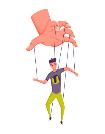 Puppeteer hand controlling puppet. Business man or worker being controlled by puppet master. Manipulates a man like a puppet. Employer domination exploitation or authority manipulatorのイラスト素材