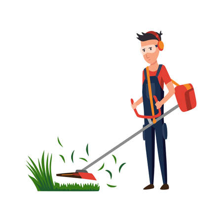 Professional gardener working on backyard and mowing lawn with electric mower. Male handyman cutting...