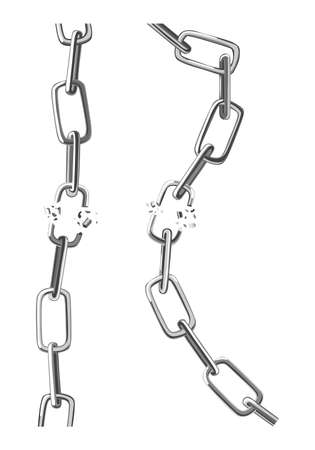 Two broken steel chain links. Symbol of security and destruction. Freedom, disruption strong metal shackles concept. Vector illustration in flat style on white backgroundのイラスト素材