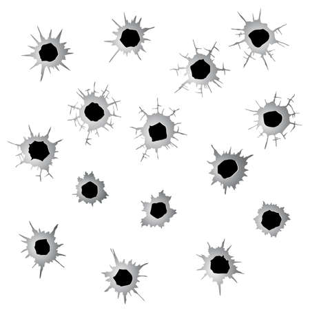 Bullet holes set. Ragged hole, damage and cracks on surface from bullet in monochrome color. Vector illustration isolated on white backgroundのイラスト素材