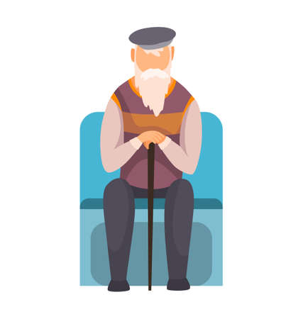 Old man in subway underground train car. Public transport, urban underground tube mass transit with sitting passenger. Concept designのイラスト素材