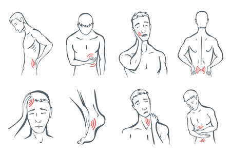 Body parts pain set. Man feels pain location in different part of body with red line icons. Ache in head, neck or tooth pain. Vector foci of pain or trauma symbols, grey art line illustrationのイラスト素材