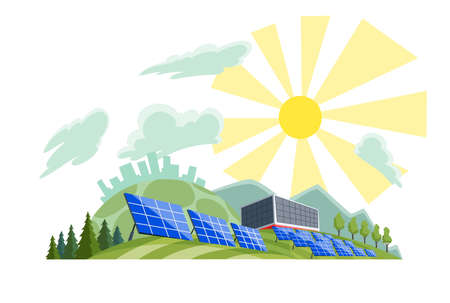 Clean electric energy concept. Renewable electricity resource from solar panels. Ecological change of the future. City skyline and nature landscape on backgroundのイラスト素材