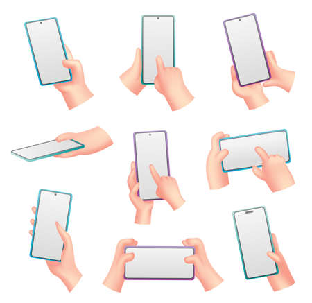 Collection of cartoon hands with phone. Humans holding phones with empty screen. Mock up of social network communication on mobile app using different touch gesture. Digital deviceのイラスト素材