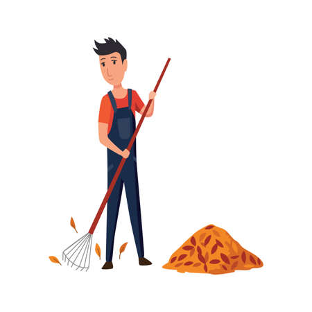 Professional gardener working on backyard acollects fallen leaves with a rake. Male handyman making autumn cleaning in garden. Colored flat cartoon vector illustration of workerのイラスト素材