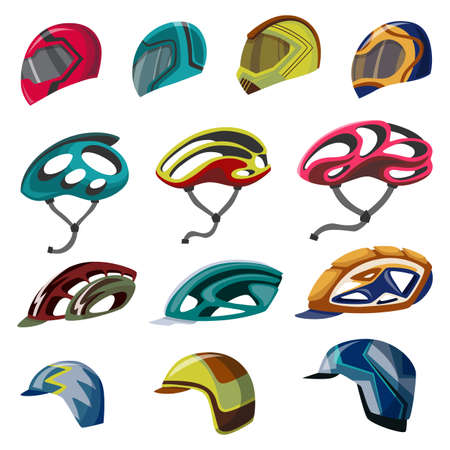 Helmets collection for scooter, bicycle, bike, car and motorcycle sport. Head protection. Cartoon flat sport helmet icon setのイラスト素材