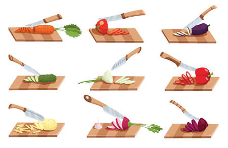 Collection of sliced vegetable. Slicing by knife. Cutting on wooden board isolated on white background. Prepare to cooking. Chopped fresh nutrition in cartoon flat styleのイラスト素材
