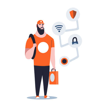 Sysadmin ready to maintaining or repairing server. Maintaining work, repairing and adjusting network connection. Technical engineer work on system maintenanceのイラスト素材