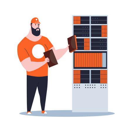 Sysadmin maintaining or repairing server. Maintaining work, repairing and adjusting network...