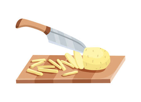 Sliced vegetable. Slicing potato by knife. Cutting on wooden board isolated on white background. Prepare to cooking. Chopped fresh nutrition in cartoon flat styleのイラスト素材