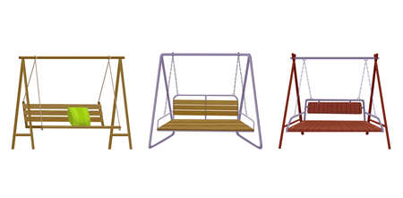 Set of garden swing benchs. Classic outdoor garden wooden hanging furniture. Wooden porch swings hanging on frame with ropes and chains. Patio elements for relaxのイラスト素材