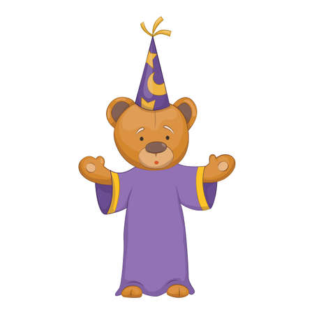 Teddy bear. Cute brown cartoon animal. Funny symbol of magician. Vector sticker. Template for print or greeting cardのイラスト素材