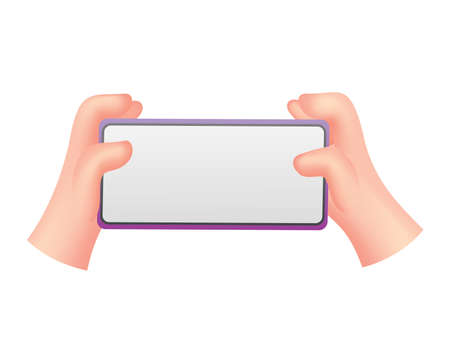 Cartoon hands with phone. Human holding phone with empty screen. Mock up of social network communication on mobile app using touch gesture. Digital deviceのイラスト素材