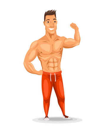 Weight loss. Man and after diet poses. Cartoon funny character on white background. Muscular guy after lose weight.のイラスト素材