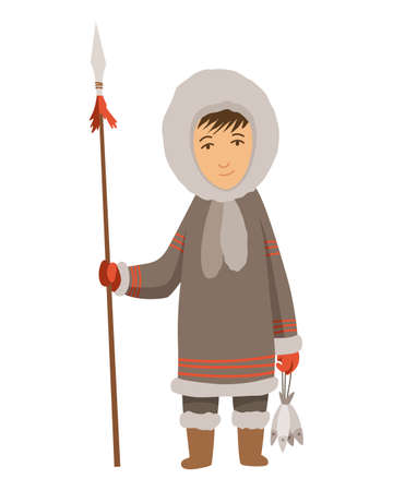 Polar eskimo character. Indigenous fisherman wearing traditional warm clothes. Person with caught fish. Traditional ethnic characterのイラスト素材