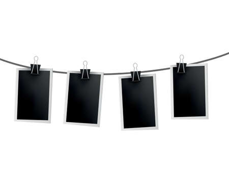 Photo frames hanged on rope. Retro instant photos on thread. Card frame image mockup, vector set. Icon design template. Remember the momentのイラスト素材