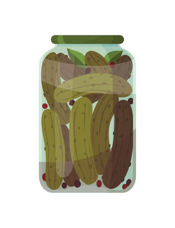 Jar preserved vegetables. Can of pickled cucumbers or pickles. Cartoon canned food in glass. Grocery conserve containerのイラスト素材
