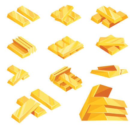 Gold bars icon set for web, games, applications in cartoon style. Financial concept, banking business, prosperity, treasure symbols. Vector isolated objects on white backgroundのイラスト素材