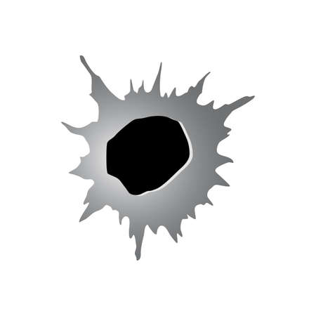 Ragged hole in metal or paper from bullet. Damage or crack on surface in monochrome color. Vector illustration isolated on white backgroundのイラスト素材
