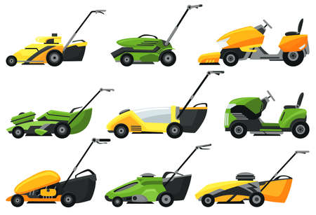 Lawn mower machines set in various types, green and yellow colors. Trimming, pruning and cutting grass electric mower work tool for garden. Flat cartoon icons isolated on white background.のイラスト素材