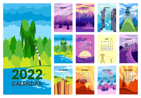 Calendar 2022 template. Design concept with abstract nature landscape. Set of 12 months 2022 pages. Wall calendar design, Planner, Week start on Sunday, vertical layoutのイラスト素材