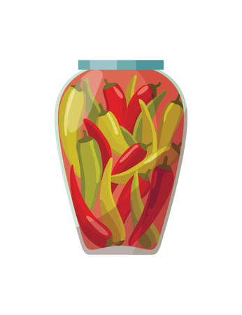 Jar preserved vegetables. Can of pickled pepper. Cartoon canned food in glass. Grocery conserve containerのイラスト素材