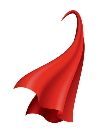 Superhero red cape. Scarlet fabric silk cloak in side view. Carnival masquerade dress, realistic costume design. Flying Mantle costume.のイラスト素材