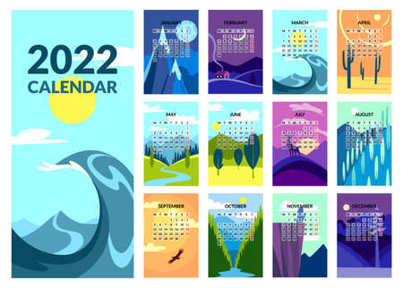 Calendar 2022 template. Design concept with abstract nature landscape. Set of 12 months 2022 pages. Wall calendar design, Planner, Week start on Sunday, vertical layoutのイラスト素材