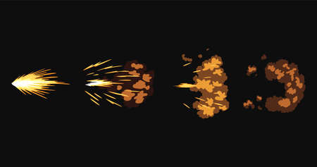 Gun flashes or gunshot animation. Cartoon flash effect of bullet starts with smoke and sparkles. Fire explosion effect during shot with gun. Shotgun fire, muzzle flash and explodeのイラスト素材