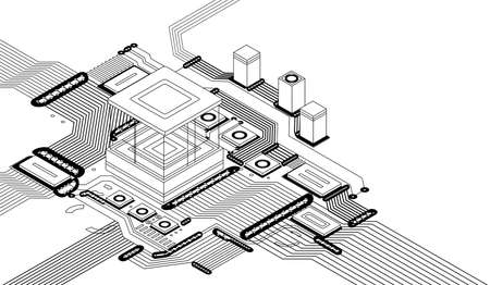 Electronic cpu digital chip monochrome. Processor and electronic components on motherboard or circuit board. Microchip or microprocessor, hardware engineering. AI. Blockchain technology isometricのイラスト素材