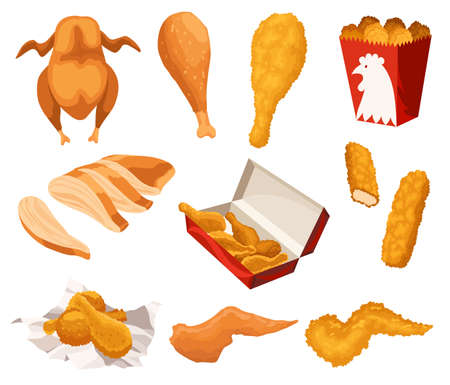 Fried chicken set. Crispy fried chicken pieces isolated on white background. Beautiful delicious in cartoon style. Fresh fast food fry meat. Hot wings, drumsticks, crispy stripsのイラスト素材