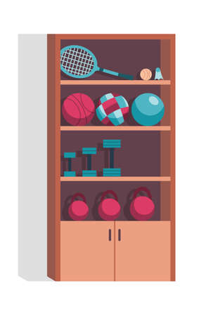 School gym equippment for kids active games and sport exercises. Cabinet with equipment for sports gamesのイラスト素材
