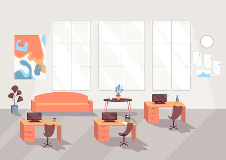 Open space office interior. Modern business workplace or workspace, creative co-working center empty no people. Business room with desks and big windowのイラスト素材