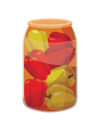 Jar preserved vegetables. Can of pickled pepper. Cartoon canned food in glass. Grocery conserve containerのイラスト素材