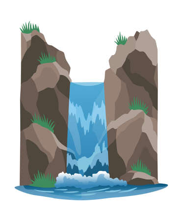 Waterfall. Cartoon landscape with rock mountain. River fall from cliff on white background. Picturesque tourist attraction with clear waterのイラスト素材