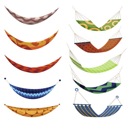 Hammocks colorful set. Different types for summer recreation, relaxing, sleeping or resting accessory. Hanging fabric rope swinging. Modern relax decorationのイラスト素材