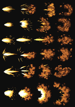 Gun flashes or gunshot animation. Collection of fire explosion effect during shot with gun. Cartoon flash effect of bullet starts. Shotgun fire, muzzle flash and explodeのイラスト素材