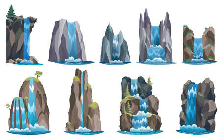 Waterfalls set. Cartoon landscapes with mountains and tree. River falls from cliff on white background. Picturesque tourist attraction with clear waterのイラスト素材