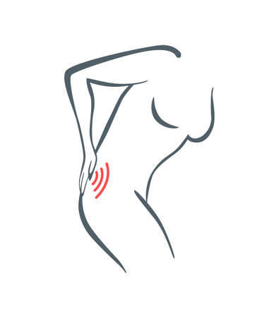 Body part pain. Woman feels pain in back marked with red lines. Vector foci of pain or trauma symbols, grey art line illustrationのイラスト素材
