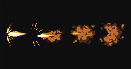 Gun flashes or gunshot animation. Collection of fire explosion effect during shot with gun. Cartoon flash effect of bullet starts. Shotgun fire, muzzle flash and explodeのイラスト素材