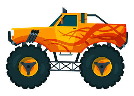 Monster truck. Bright colorful cartoon auto with big wheels. Heavy car with large tires and black tinted windows. Isolated rally 4x4 computer or mobile gameのイラスト素材