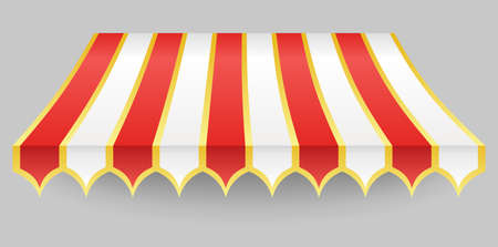Awning element. Sunshade prevent sunlight and rain. Shop decorating. Outdoor vintage striped canopy. Marketplace tent roof, template for designのイラスト素材