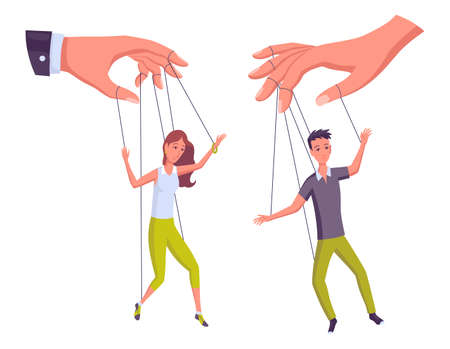 Puppeteer hands controlling puppets, manipulator concept. Worker being controlled by puppet master. Manipulates peopl like a puppets. Employer domination exploitation or authority manipulatorのイラスト素材