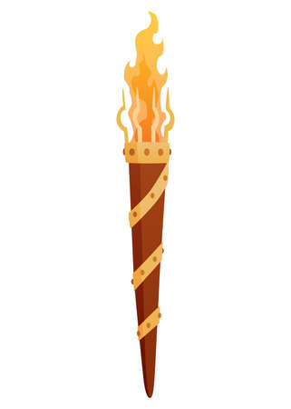 Medieval torch with burning fire. Ancient realistic wooden torch with flame. Cartoon game element vector illustrationのイラスト素材