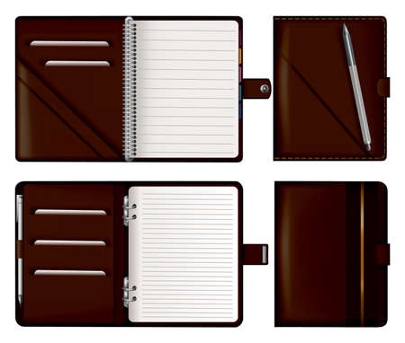 Leather note book set. Realistic brown notebook mockups for branding and corporate identity. Notepads with pencil or pen isolated vector illustration on white backgroundのイラスト素材